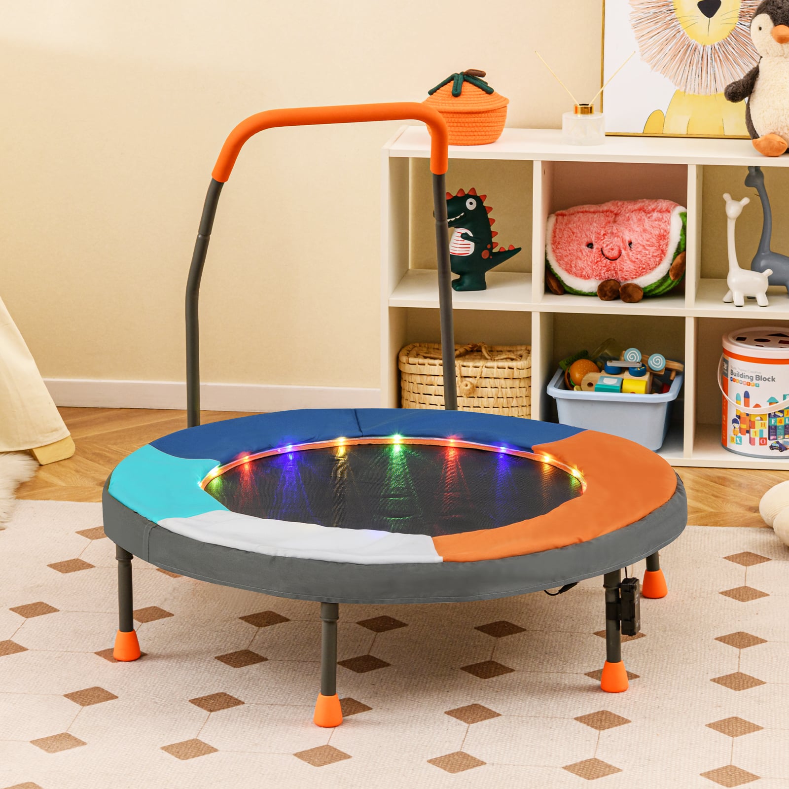 Ø90 cm Kindertrampolin mit LED Beleuchtung & Griff & Tragetasche Mini Trampolin Dunkelblau