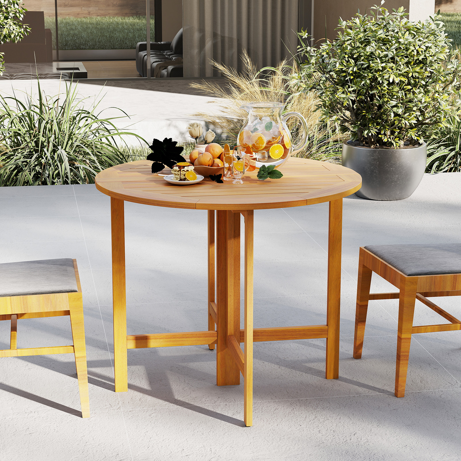 Ø 90 cm Wetterfester Gartentisch Akazienholz Klapptisch Runder Balkontisch Esstisch Natur