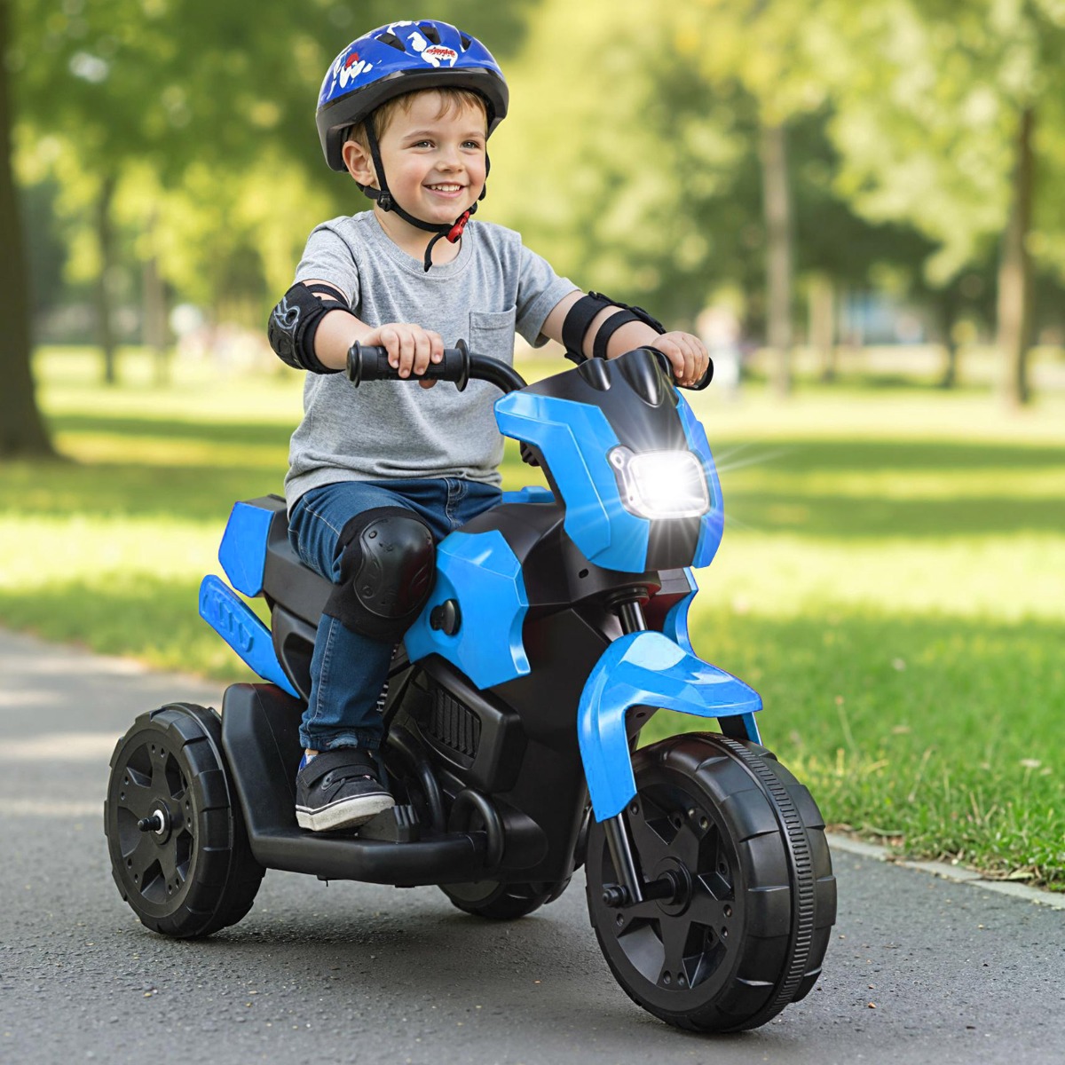 6V Kinder Motorrad 3-Rad Elektro-Motorrad mit LED-Scheinwerfer Fußpedal batteriebetriebenes Elektro-Spielzeugauto Marineblau