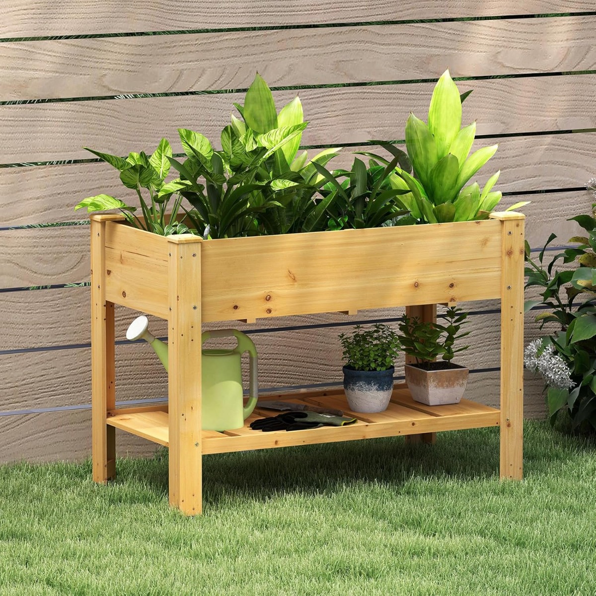 Holz Hochbeet mit Ablage & Entwässerungslöchern Erhöhtes Gartenbeet Pflanzkasten Natur