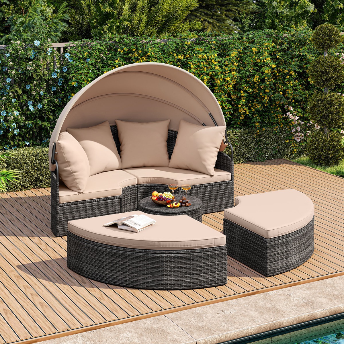 Sonneninsel mit Dach & Tisch & Sitz- und Rückenkissen Rattan Sonnenliege Gartenliege Beige
