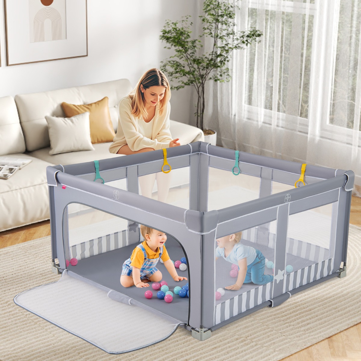 127 x 127 cm großer Baby-Laufstall BPA-freier faltbarer Kleinkinder-Spielzaun mit Reißverschlusstor Grau