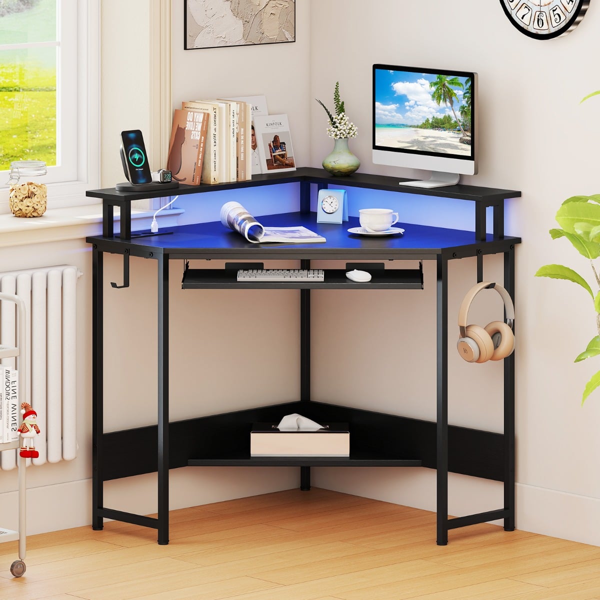 Eckschreibtisch mit Ladestation & LED & Tastaturablage & Monitorständer Gamingtisch Schwarz