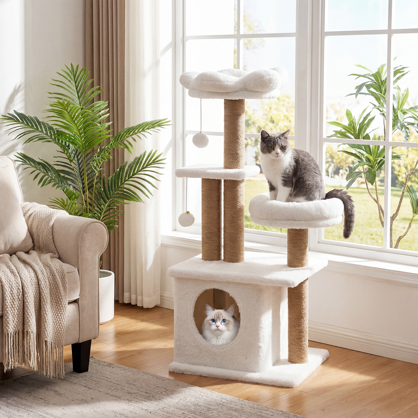 96 cm Kratzbaum mit Katzenhöhle & Plattform & Bett & 2 Bällen Katzenturm Katzenkratzbaum Beige