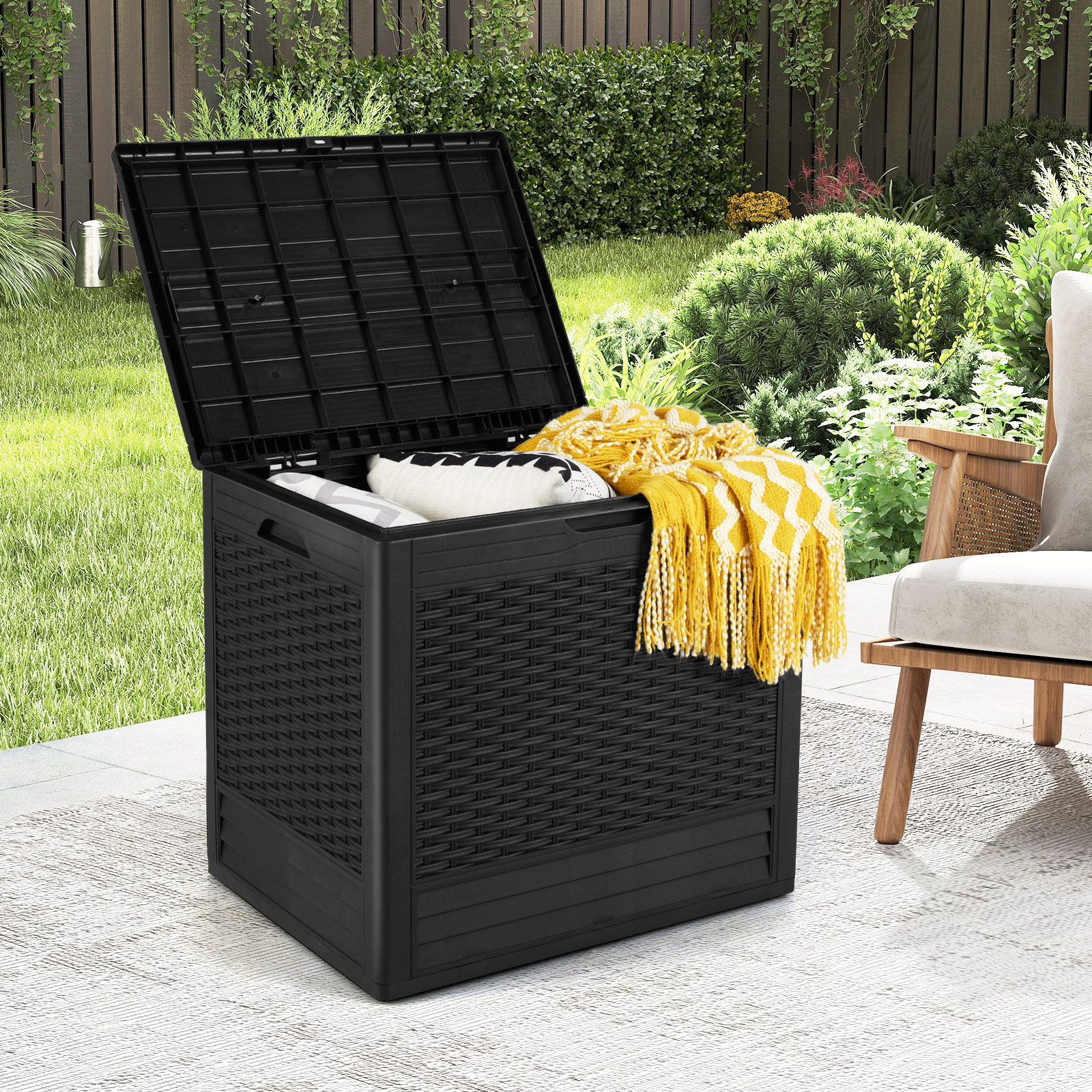 96 L Aufbewahrungsbox Outdoor Auflagenbox mit PP-Deck Rattanmustern & abschließbarem Deckel Schwarz