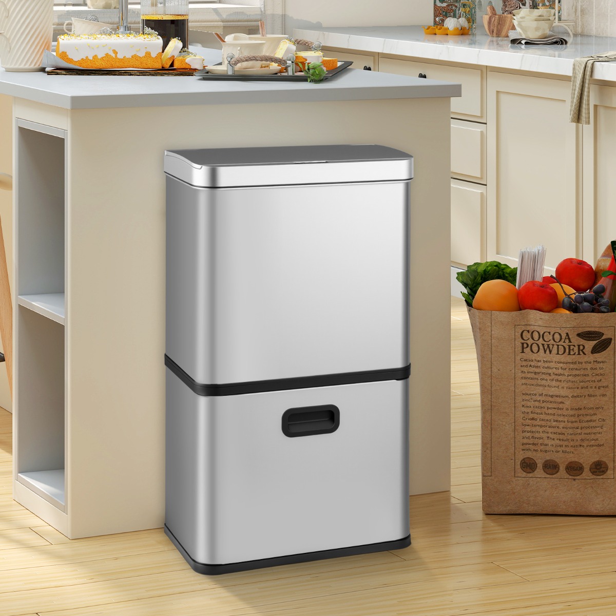 56L Edelstahl Mülleimer mit Bewegungssensor & 2 Abfallbehältern & Soft-Close-Abdeckung Abfalleimer Silber