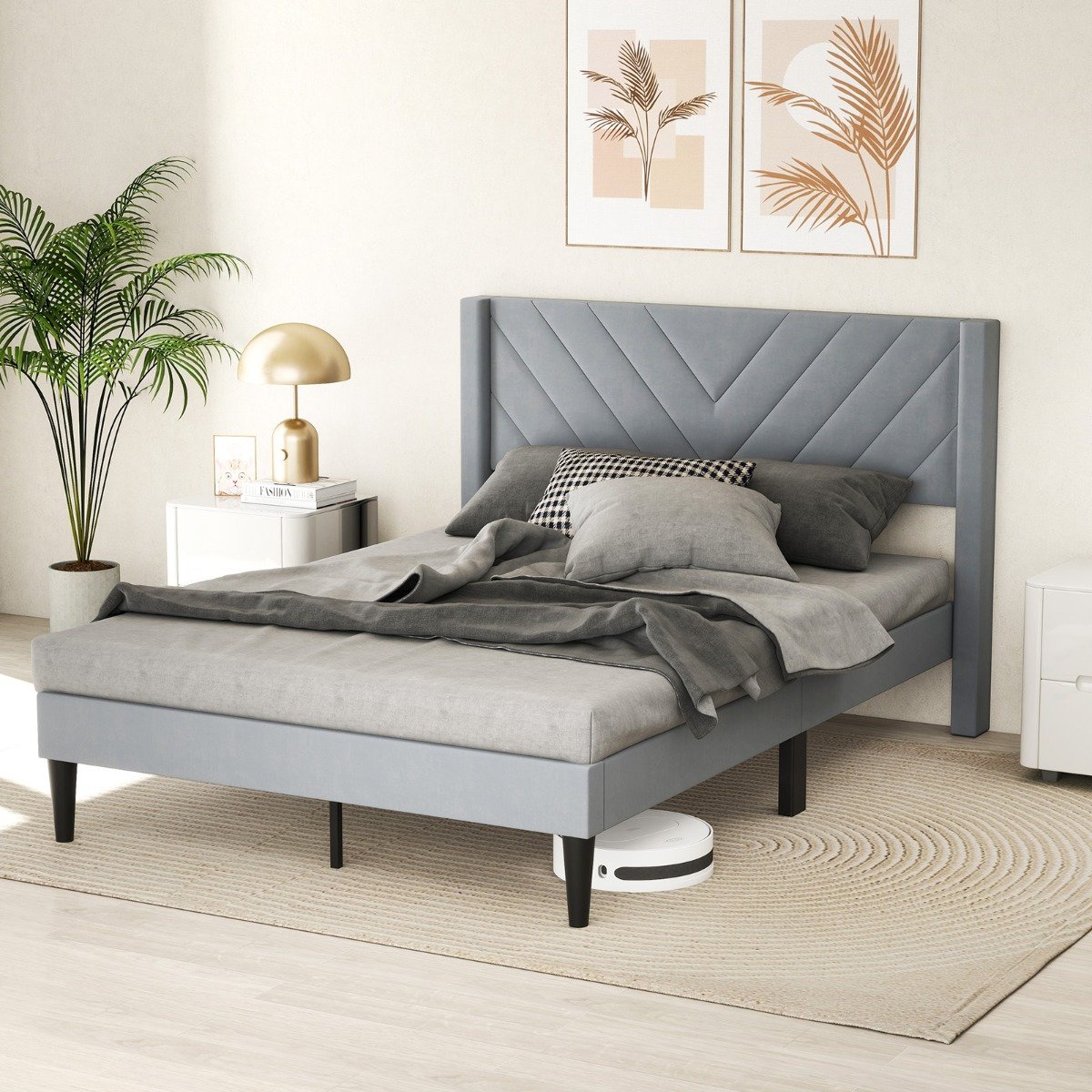 Bettgestell für 200 x 140 cm Matratze Gepolstertes Doppelbettgestell Plattformbett mit Kopfteil Grau