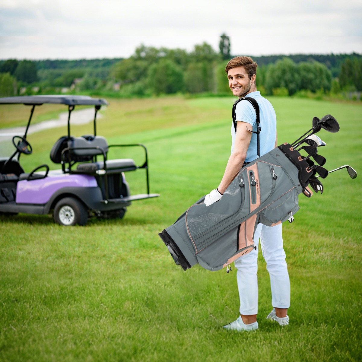 Golfbag mit 14 er Unterteilung & Tragegurt & Regenhaube & 11 Taschen Leichtes Golf Cart Bag Rosa