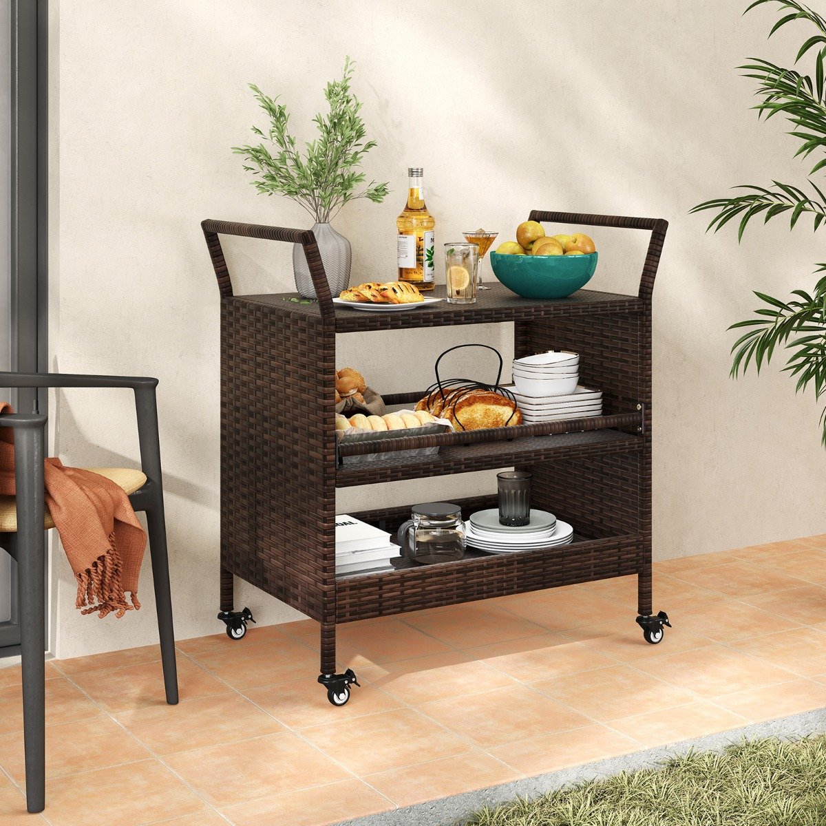 Außen-Barwagen 3-stufiges Patio Rattan-Regal mit arretierbaren Universalrädern & Seitengriffen 86 x 50 x 89 cm