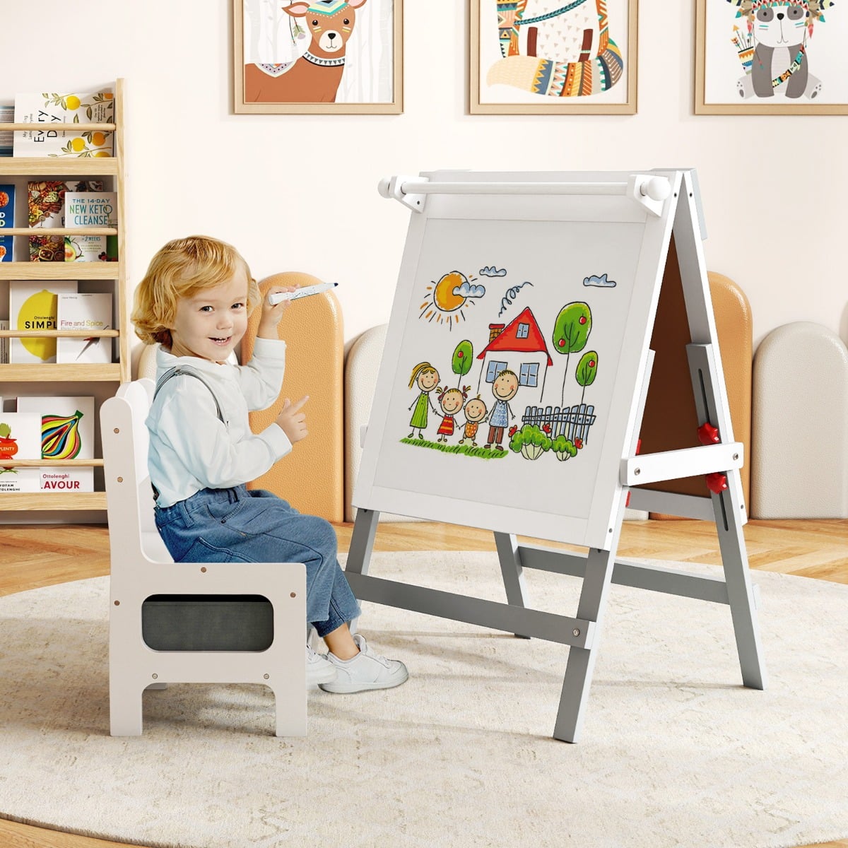 Kinder Staffelei mit Stuhl Höhenverstellbare Kindertafel mit Kreidetafel & Whiteboard Grau