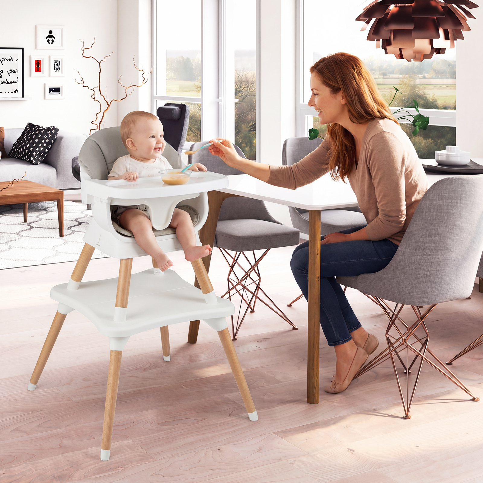 9 in 1 Baby Hochstuhl mit Sitzerhöhung & Abnehmbarem Tablett & Sicherheitsgurt Grau