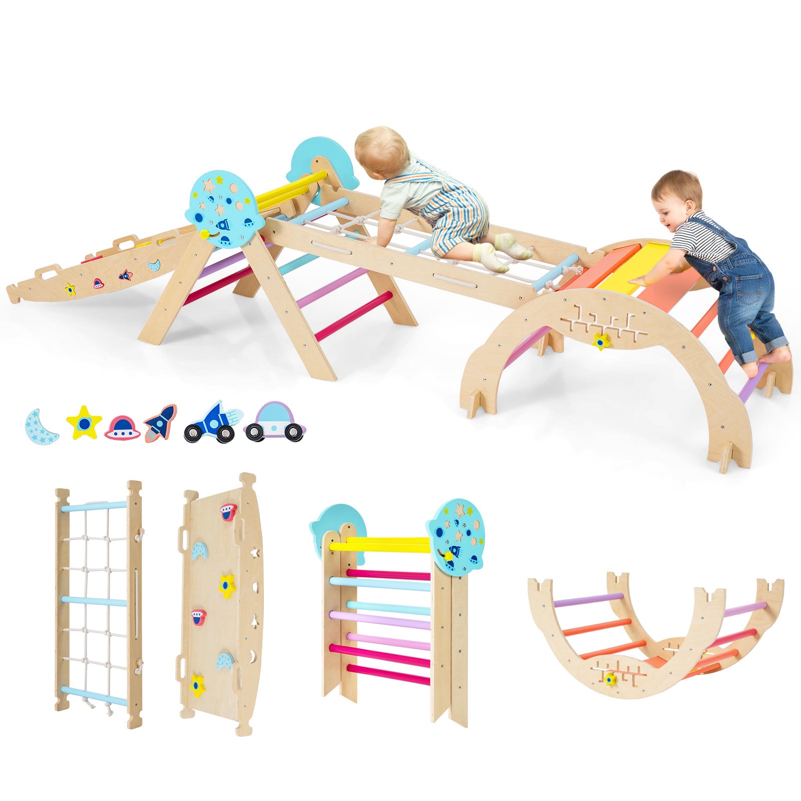 9 in 1 Montessori Klettergerüst Set mit Kletterbogen & Kletterseil & Leiter Holz Kletterdreieck Bunt