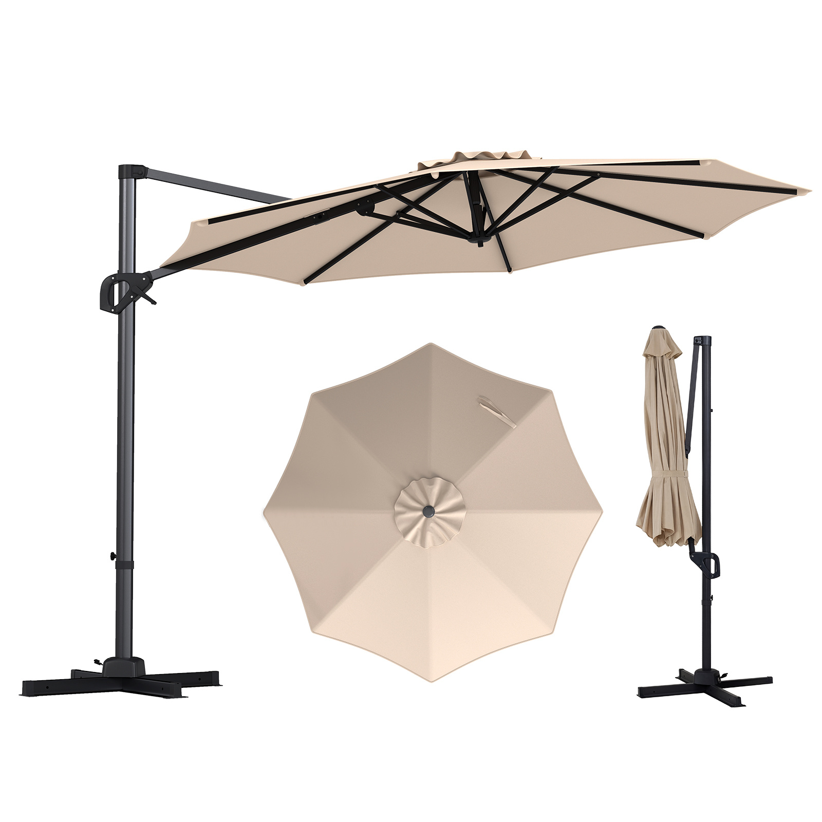 Ampelschirm Ø 300 cm Neigbarer Sonnenschirm 360° Drehbar mit Kurbel & Fußpedal Beige
