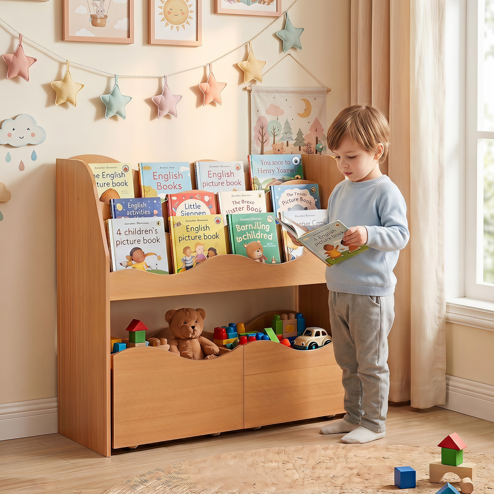Bücherregal Kinder Spielzeugregal mit 3 Wellenförmigen Ebenen & Abnehmbaren Schubladen Natur