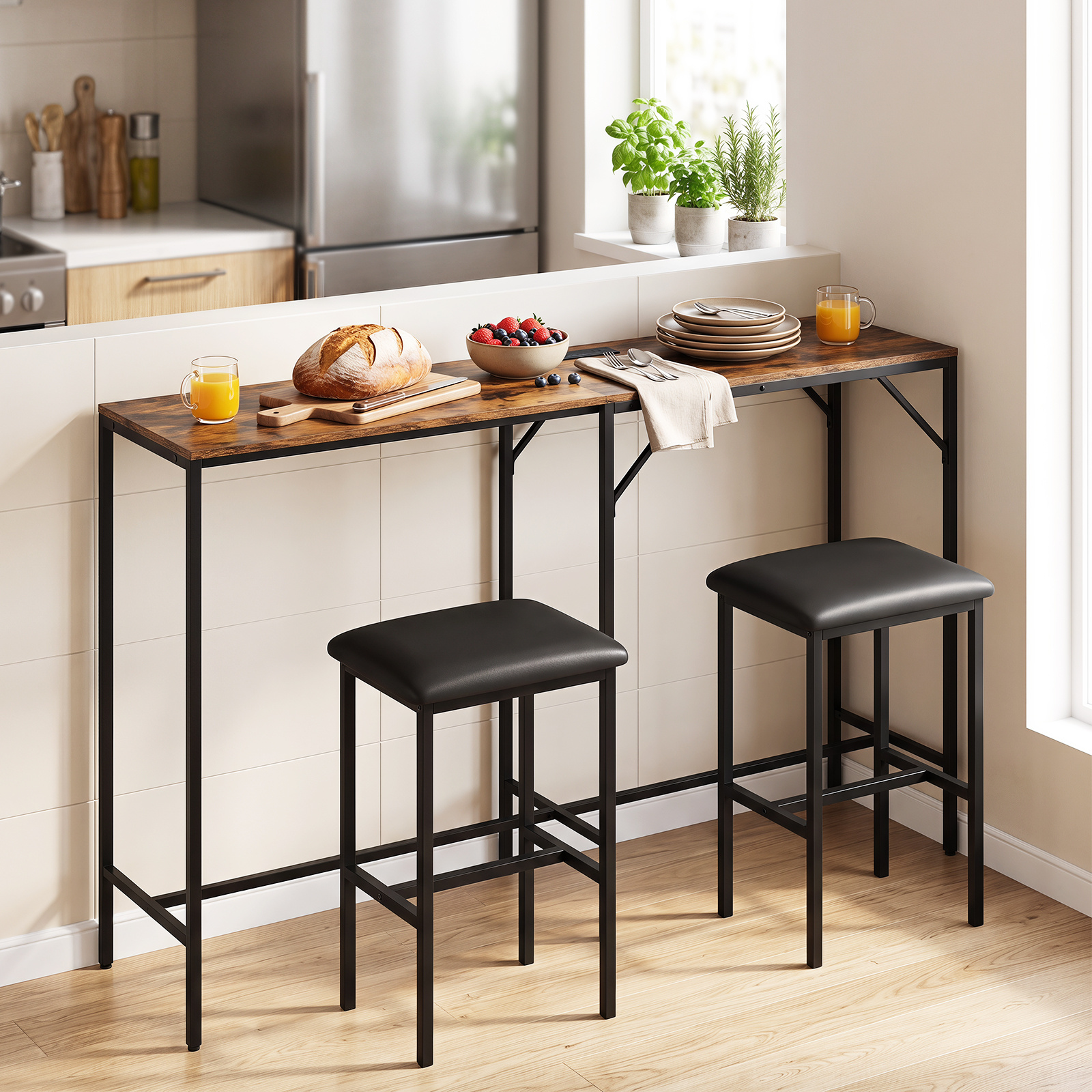 Bartisch Set mit 2 Barhockern Stehtisch mit Integrierter Steckdose Bartheke mit Metallgestell Rustikalbraun