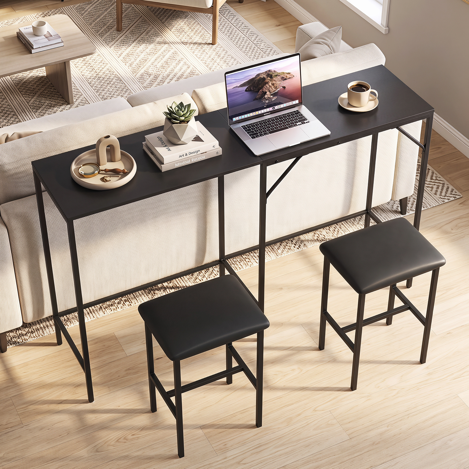 Bartisch Set mit 2 Barhockern Stehtisch mit Integrierter Steckdose Bartheke mit Metallgestell Schwarz