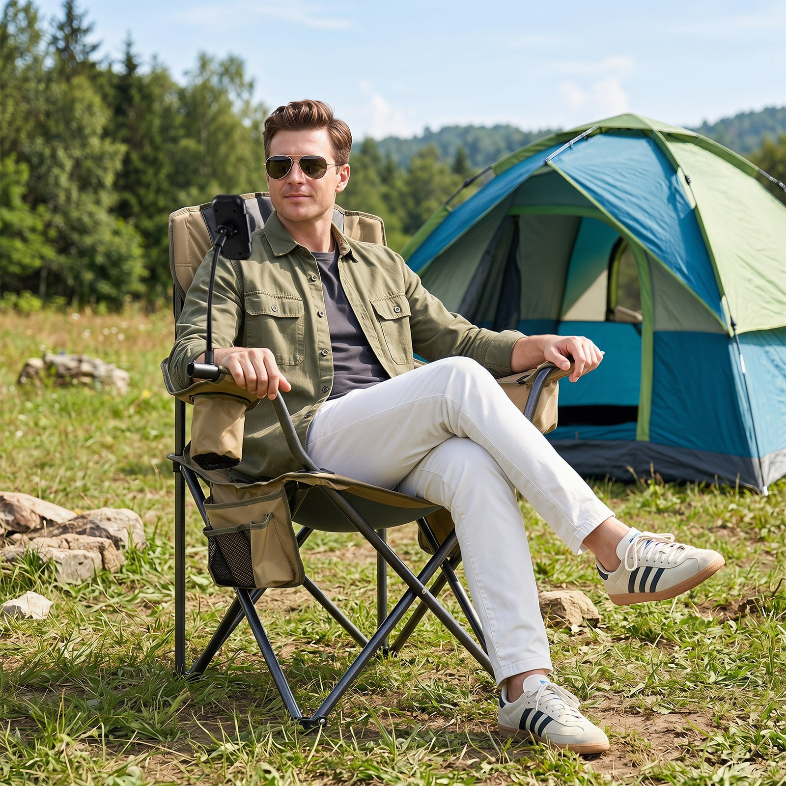 Campingstuhl Klappbar Tragbarer Angelstuhl mit Kühltasche Getränkehalter & Seitentasche bis 200 kg Belastbar