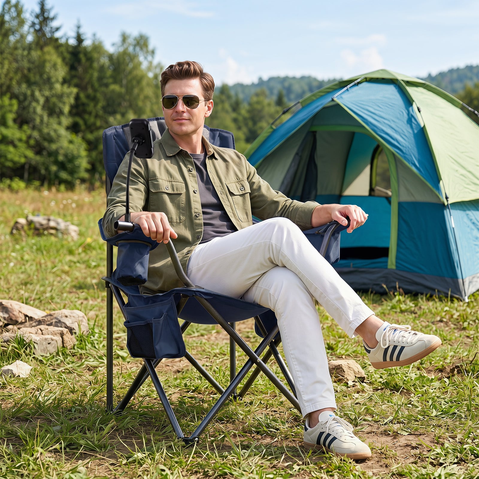 Campingstuhl Klappbar Tragbarer Angelstuhl mit Kühltasche bis 200 kg Belastbar Blau