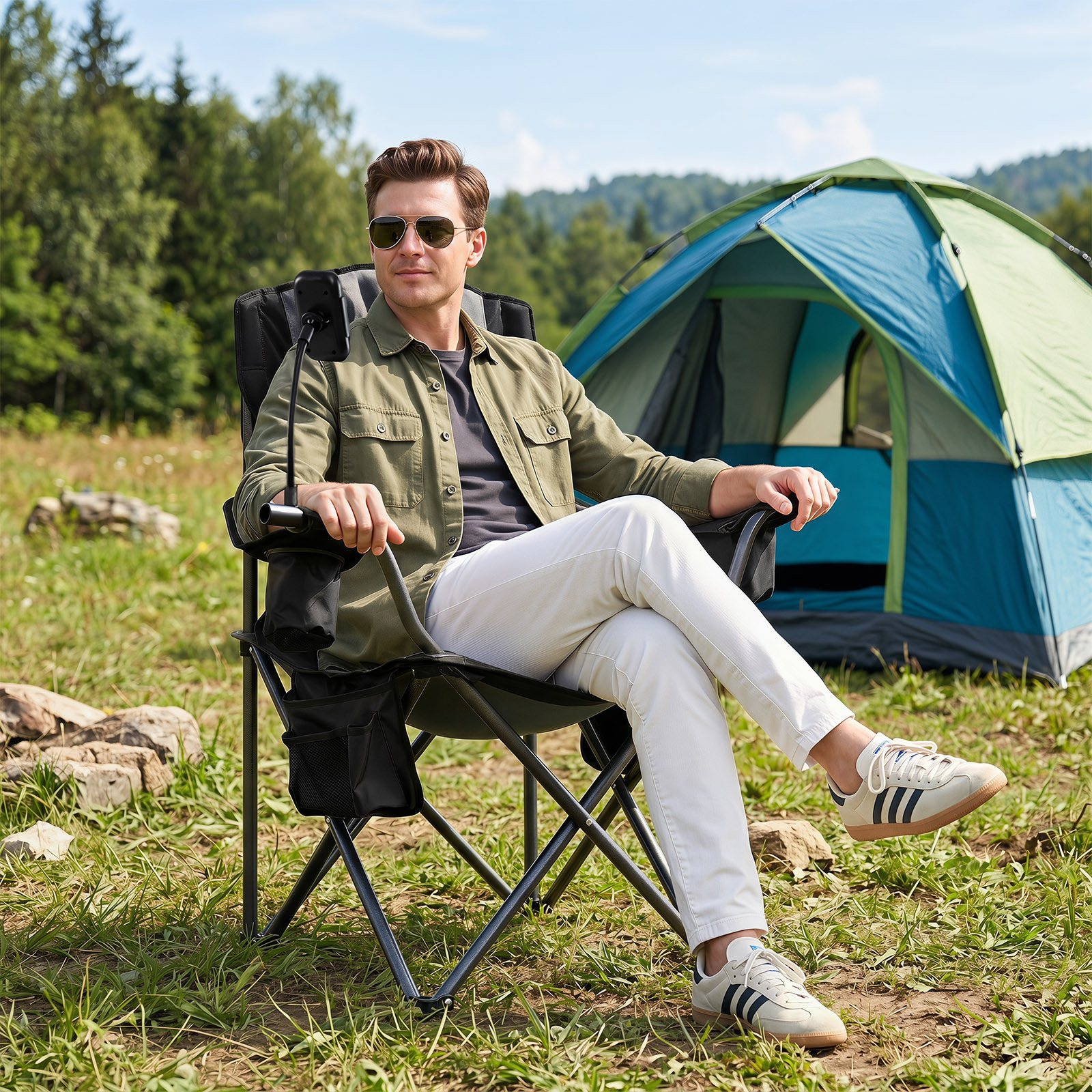 Campingstuhl Klappbar Tragbarer Angelstuhl mit Kühltasche bis 200 kg Belastbar Schwarz