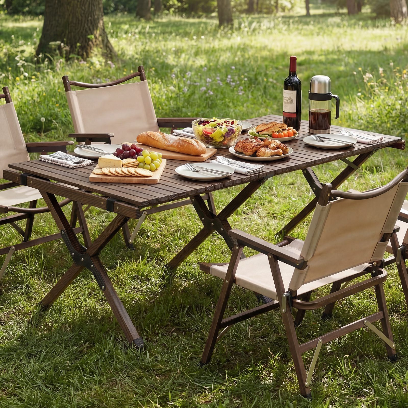 Campingtisch Klappbar Picknicktisch aus Holz mit Aufrollbarer Tischplatte Tragbarer Klapptisch Kaffee