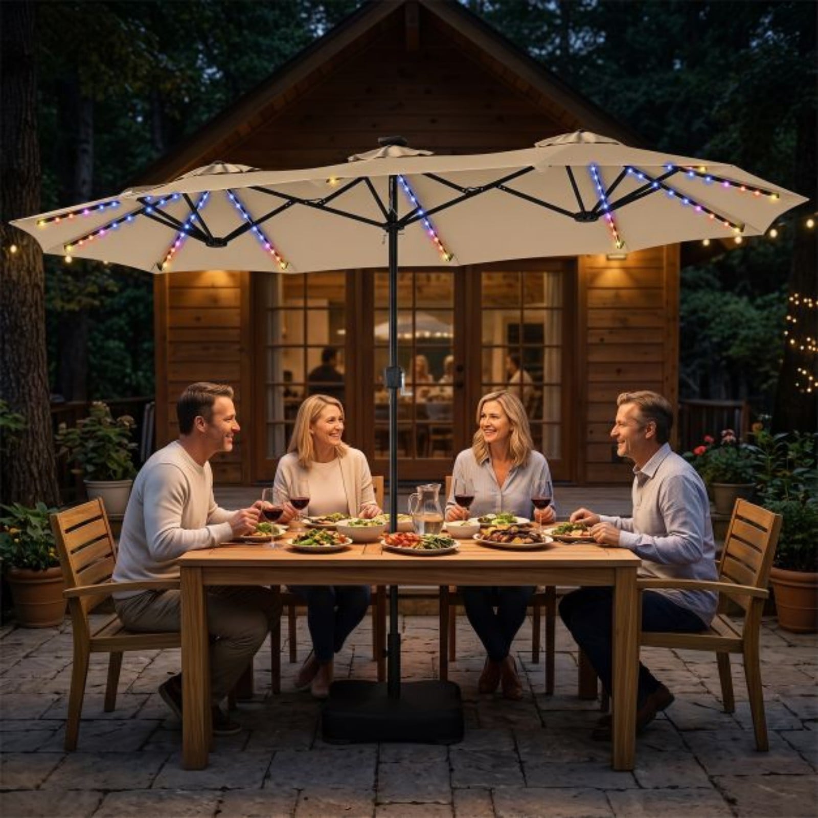 Doppelsonnenschirm 370 x 200 cm Sonnenschirm mit Kurbel & Ständer Terrassenschirm mit 108 LED-Lichtern Beige