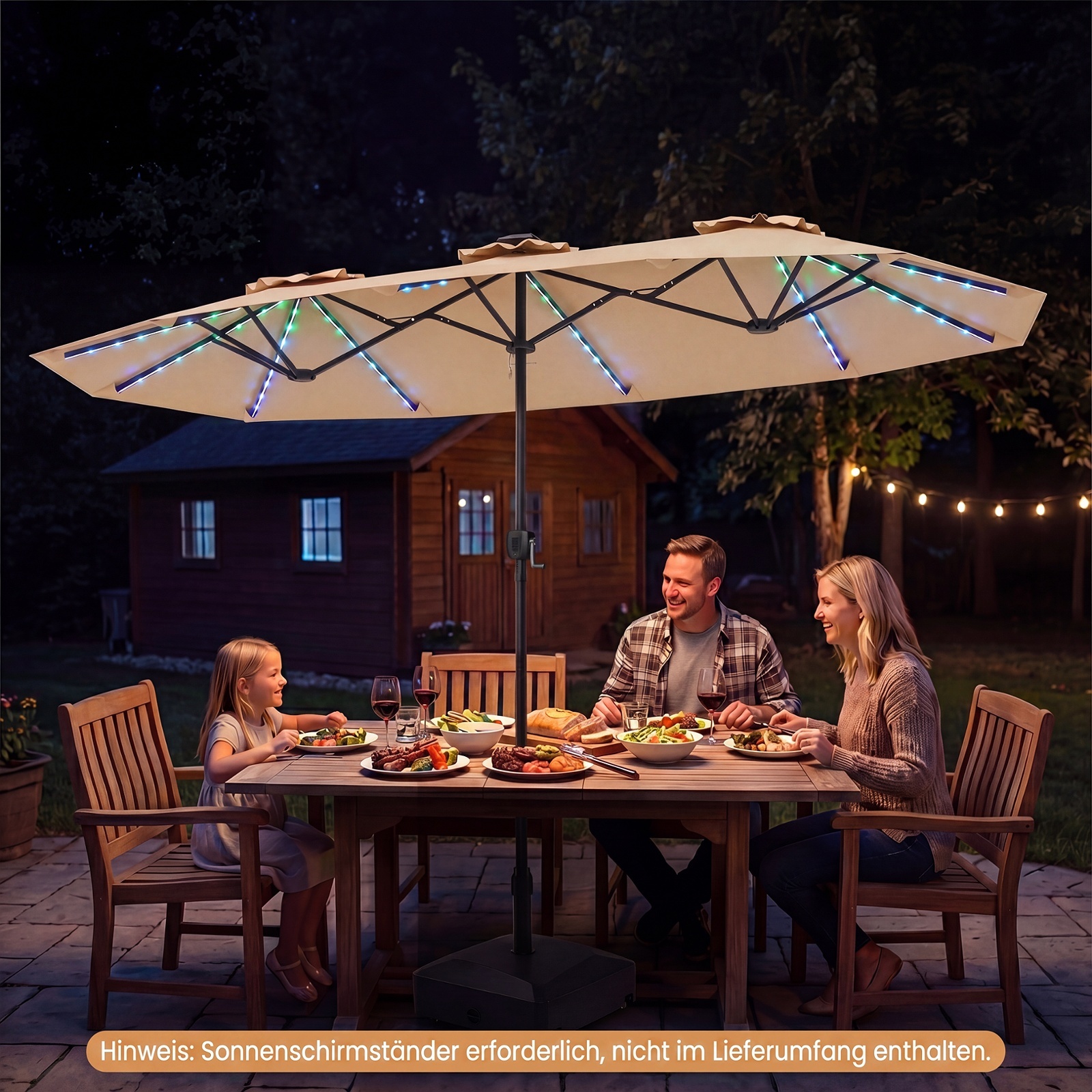Doppelsonnenschirm 400 x 210 cm Sonnenschirm mit LED-Beleuchtung Rechteckiger Gartenschirm Beige