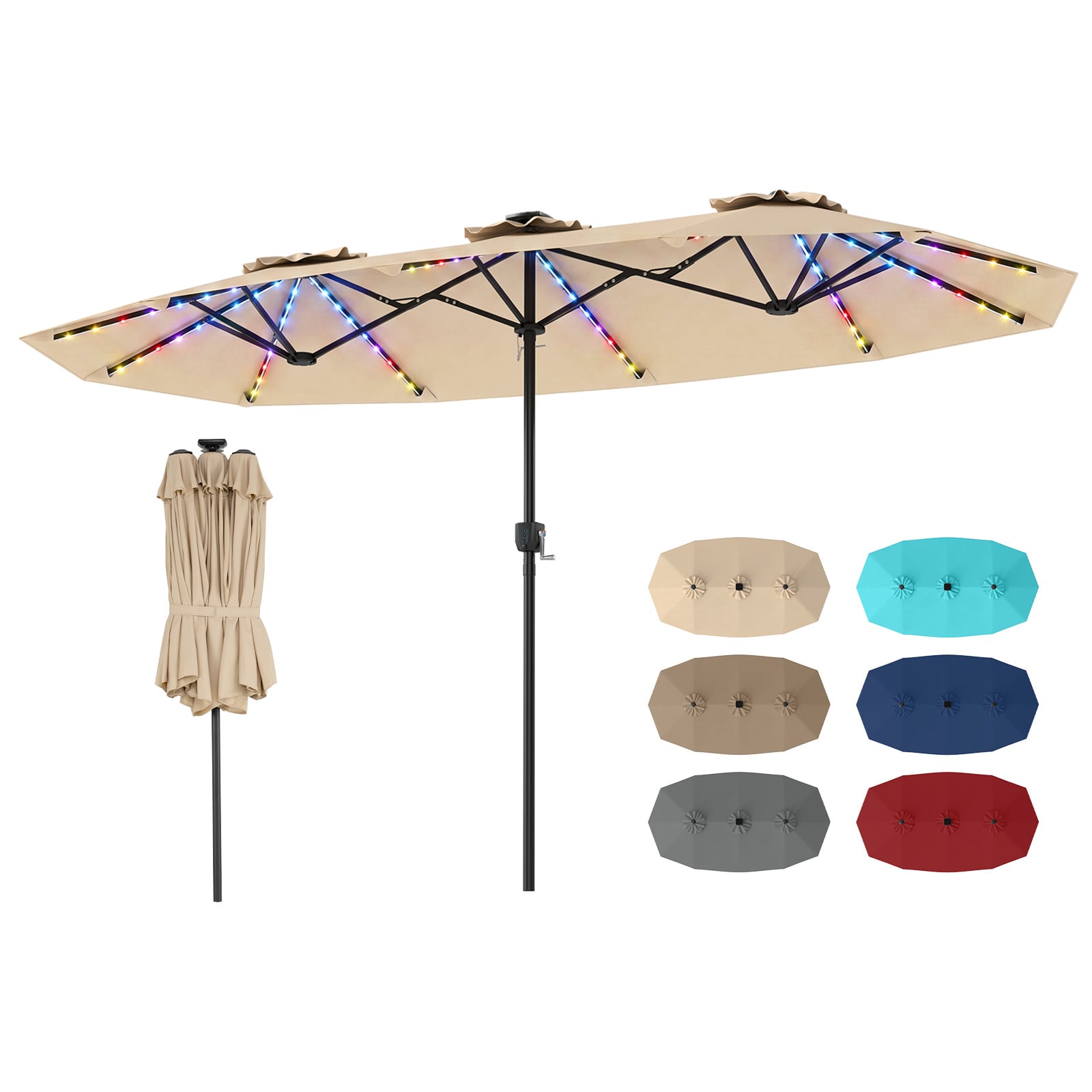 Doppelsonnenschirm 400 x 210 cm Sonnenschirm mit LED-Beleuchtung Rechteckiger Gartenschirm Beige