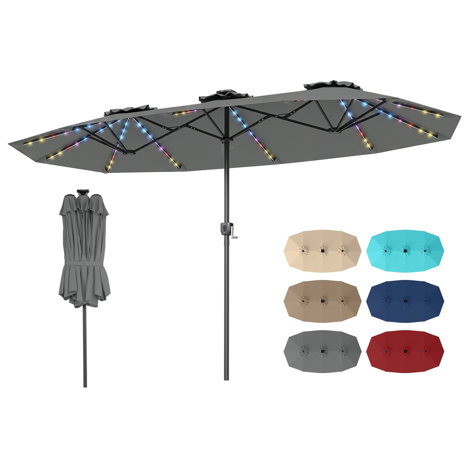 Doppelsonnenschirm 400 x 210 cm Sonnenschirm mit LED-Beleuchtung Rechteckiger Gartenschirm Grau