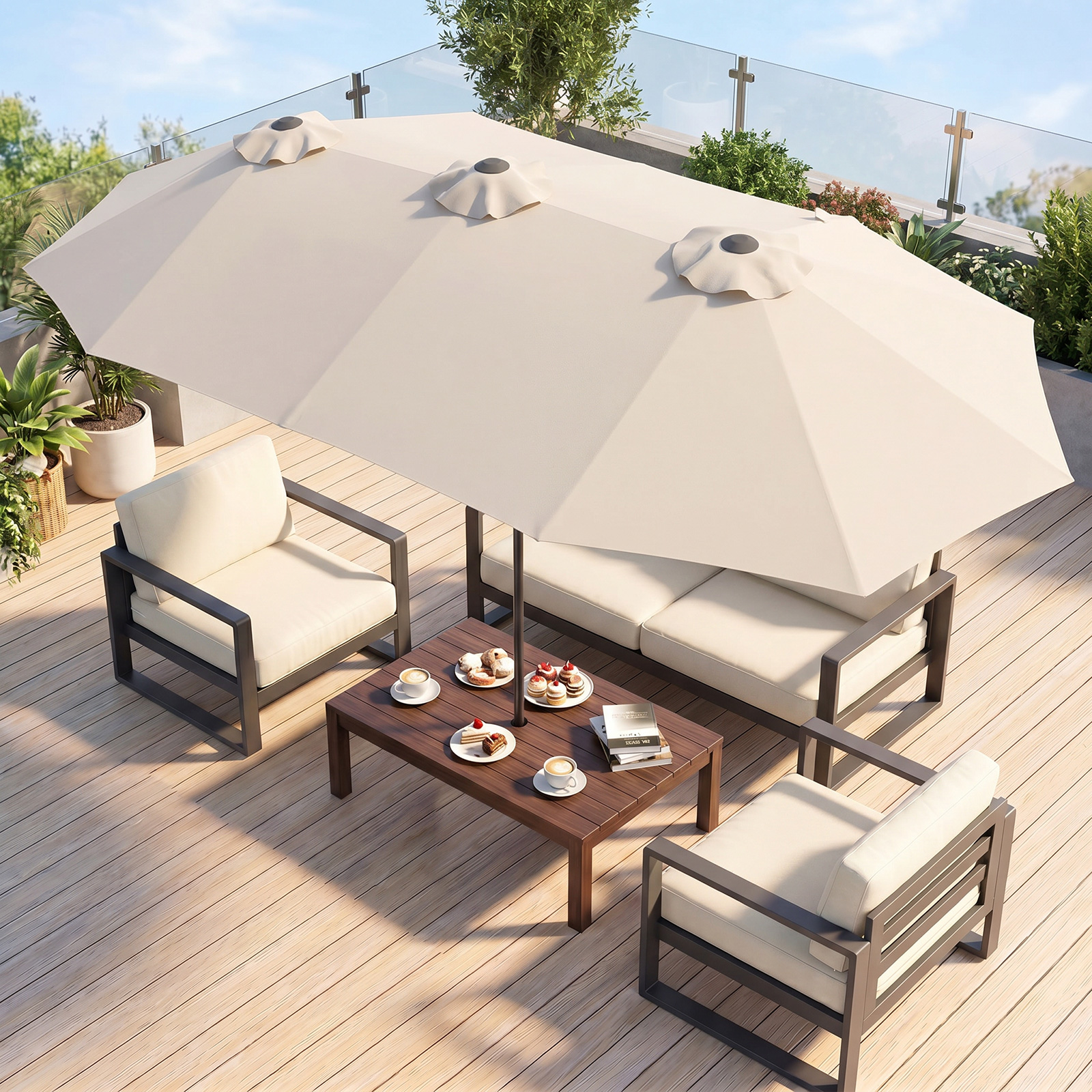 Doppelsonnenschirm 400 x 215 cm Rechteckiger Sonnenschirm Balkonschirm wasserabweisend Beige