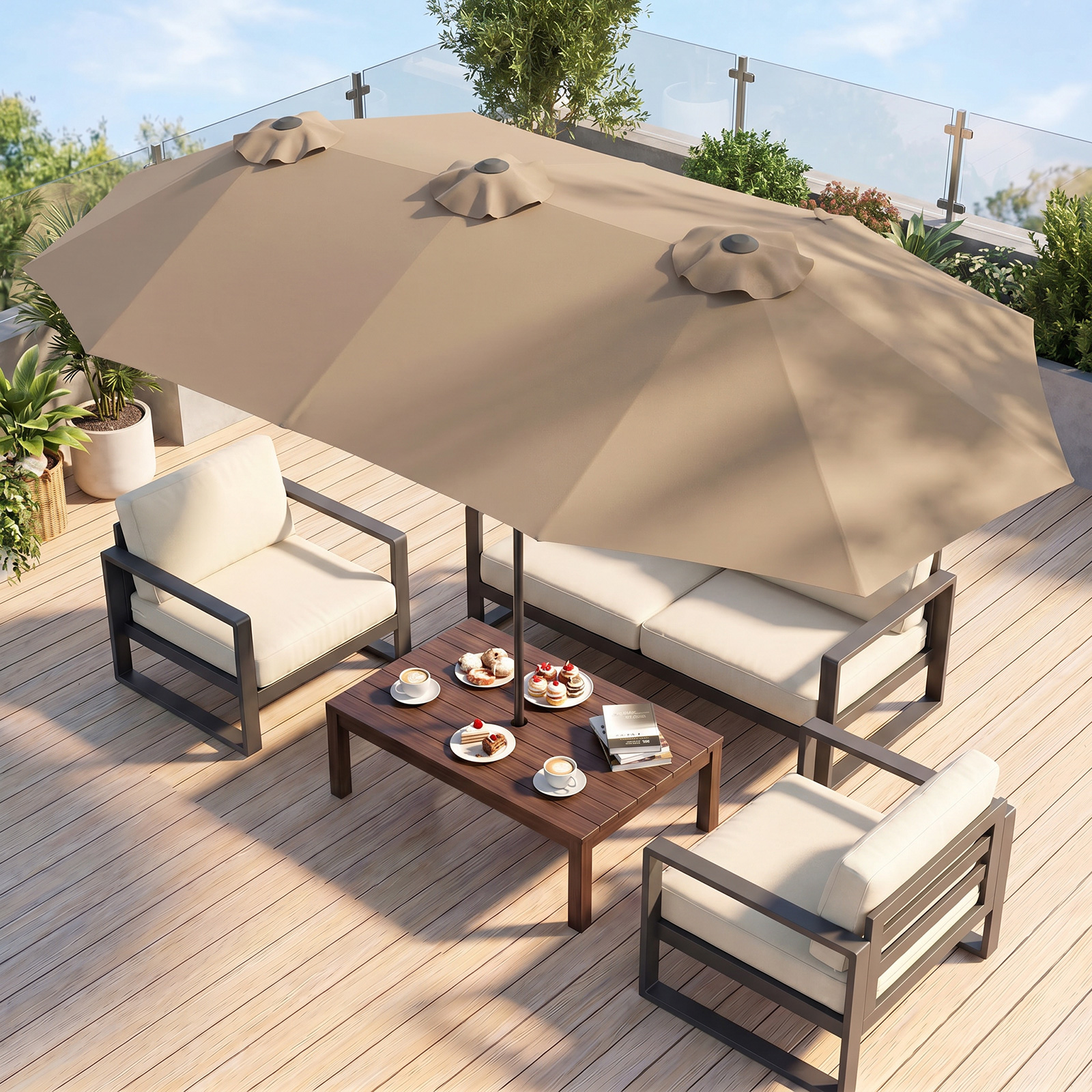 Doppelsonnenschirm 400 x 215 cm Rechteckiger Sonnenschirm Balkonschirm wasserabweisend Braun