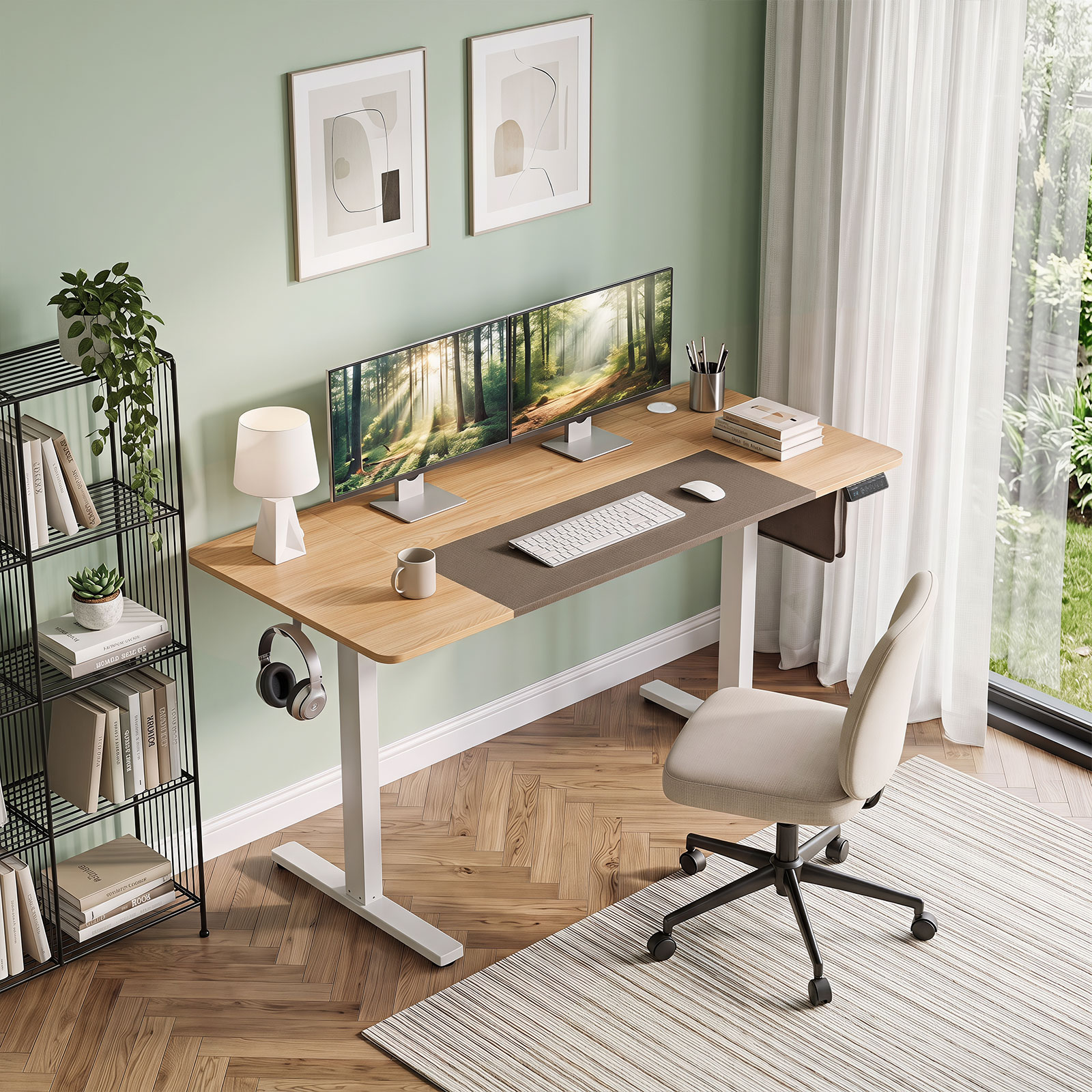 Elektrischer Höhenverstellbarer Schreibtisch mit LED-Bedienfeld & T‑Metallrahmen 140 x 60 cm Natur