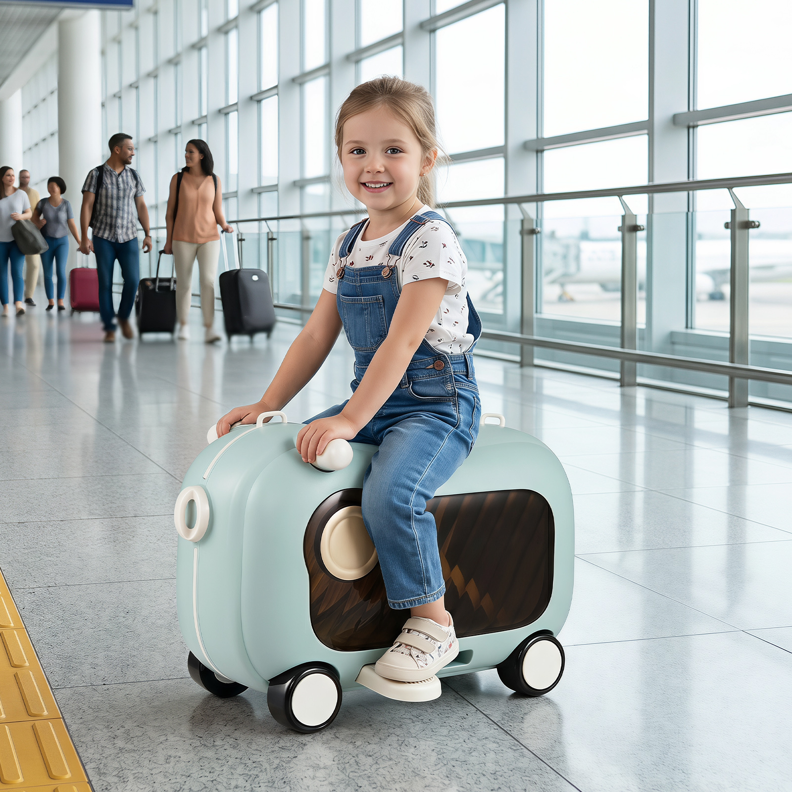 Fahrbarer Kleinkindkoffer mit Rollen Ausklappbaren Seitenpedalen & Sitz 25 kg Belastbarkeit Blau