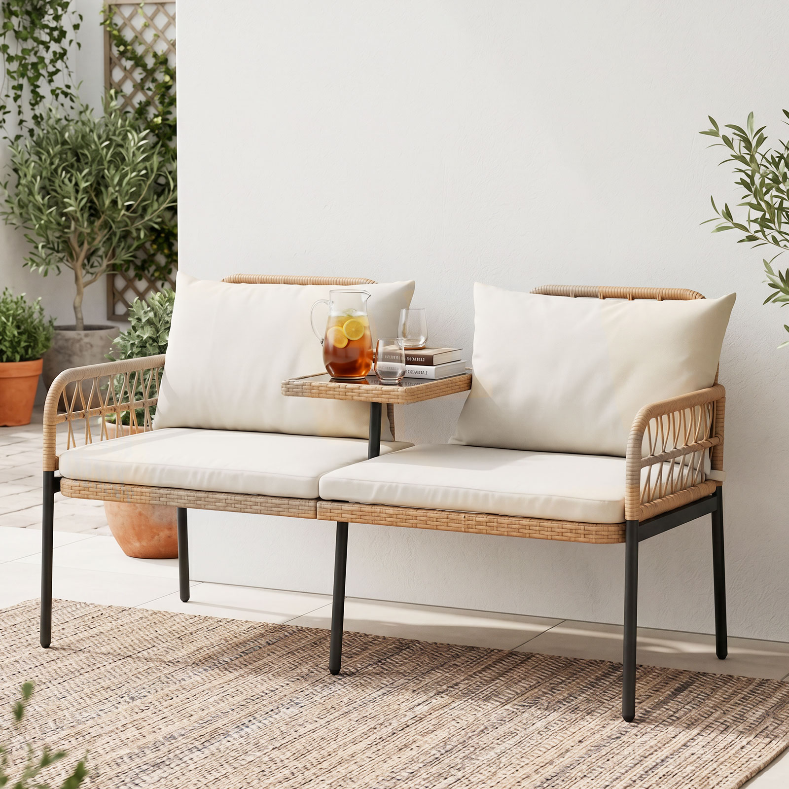 Gartenbank Polyrattan mit Kissen 2-Sitzer Balkonbank mit Hartglastisch Sitzbank 137x64x84 cm