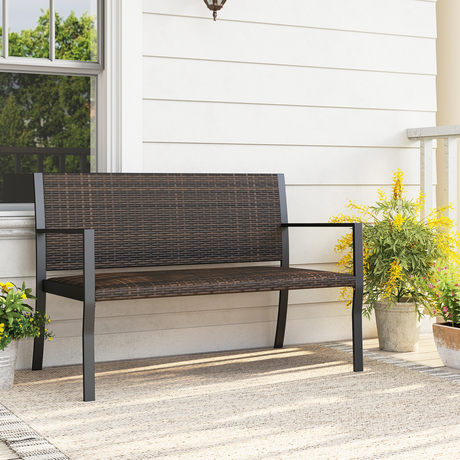 Gartenbank Rattan Outdoor Sitzbank mit Rückenlehne & Armlehnen für 2 Personen Braun