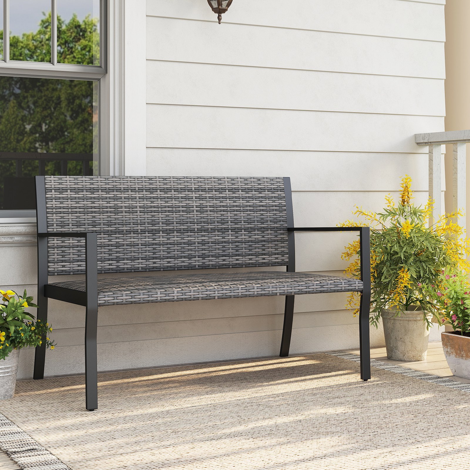 Gartenbank Rattan Outdoor Sitzbank mit Rückenlehne & Armlehnen für 2 Personen Grau