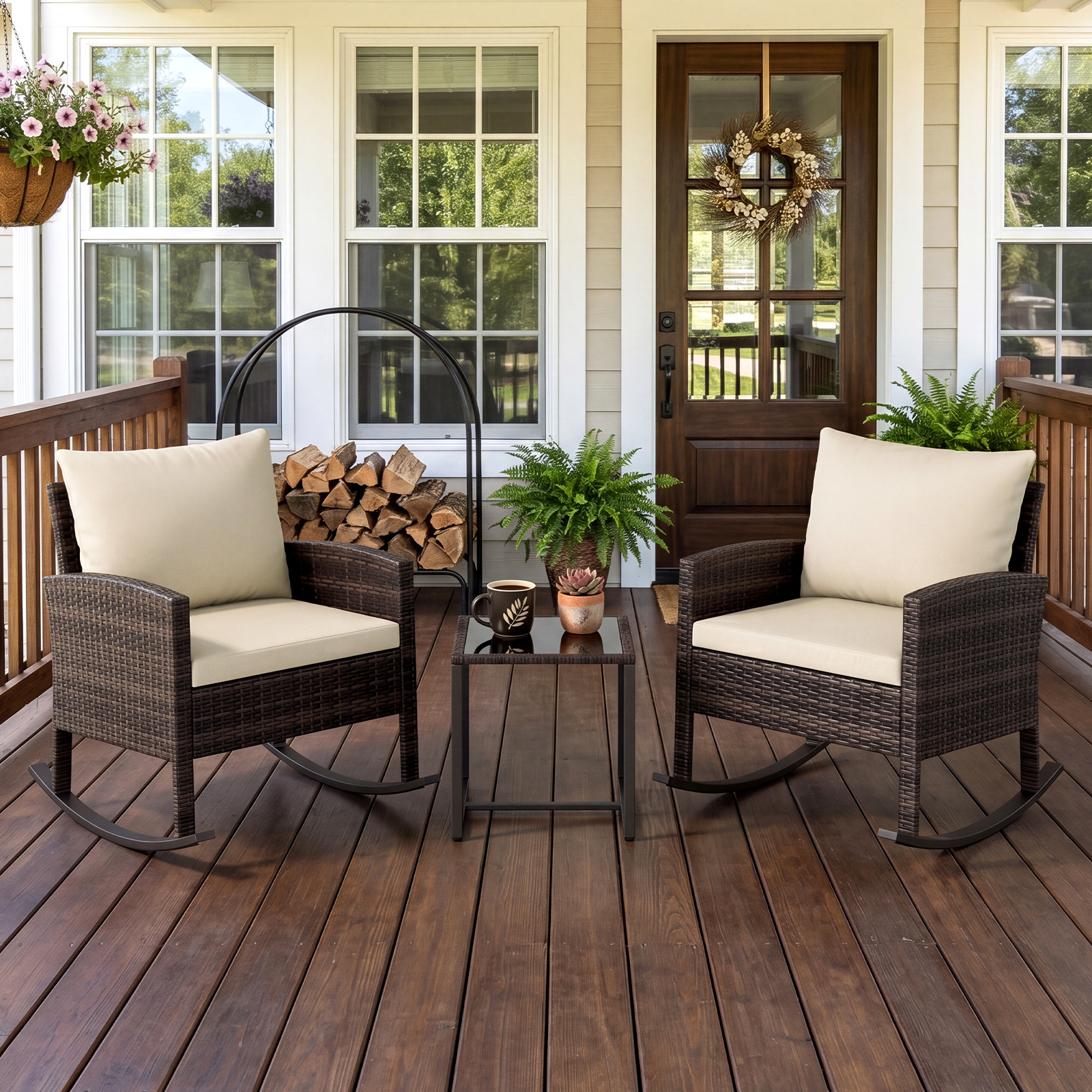Gartenmöbel Set 3-Teiliges Balkonmöbel aus Rattan mit 2 Schaukelstühlen & Glastisch Beige