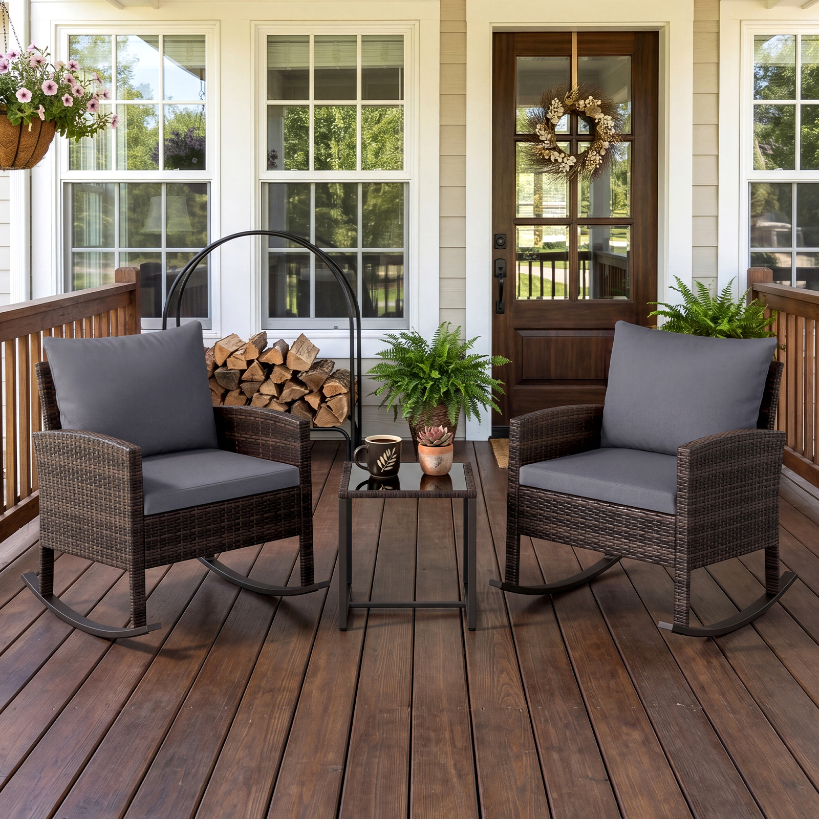 Gartenmöbel Set 3-Teiliges Balkonmöbel aus Rattan mit 2 Schaukelstühlen & Glastisch Grau