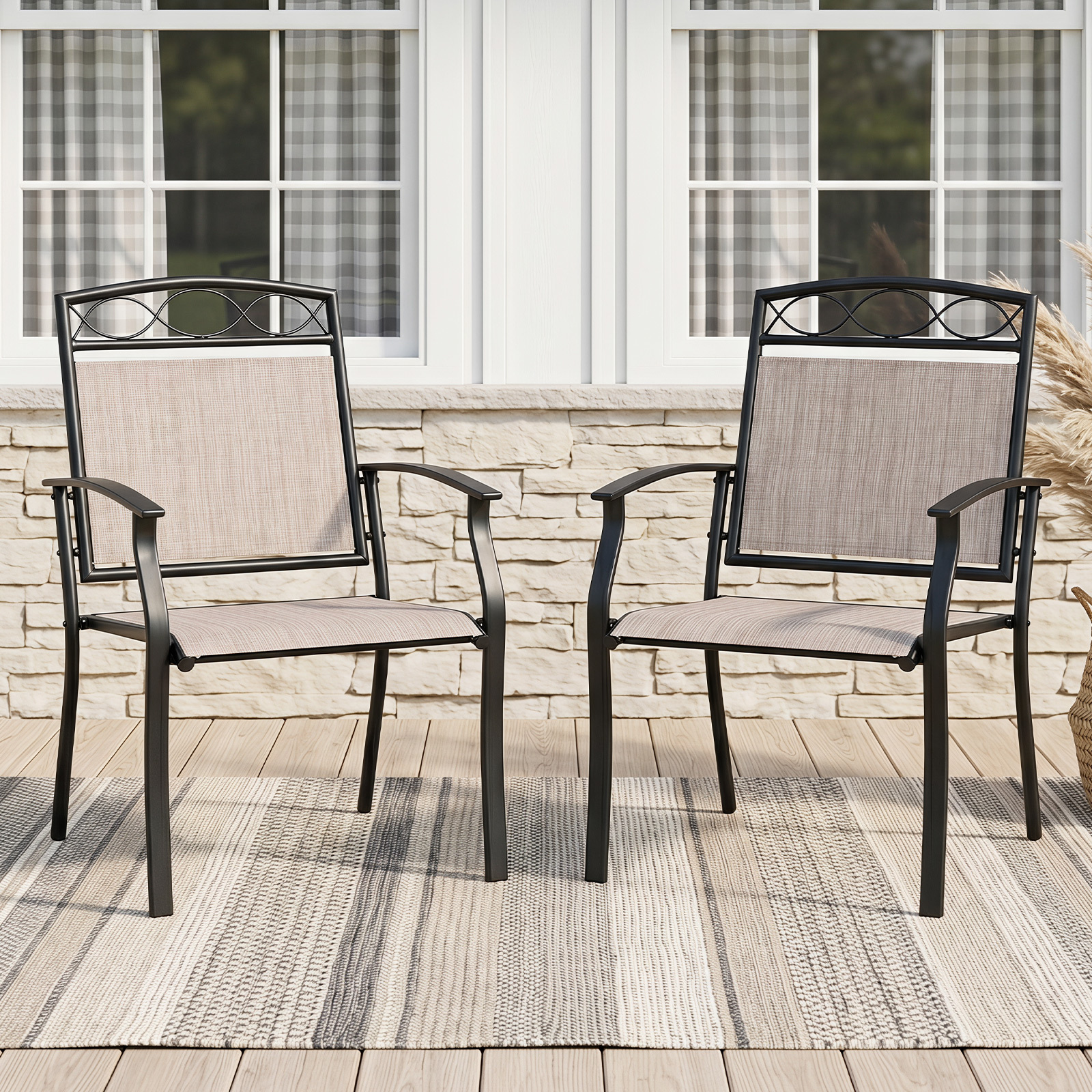 Gartenstühle 2er Set Wetterfeste Terrassenstühle aus Atmungsaktivem Stoff mit Breiter Sitzfläche Braun