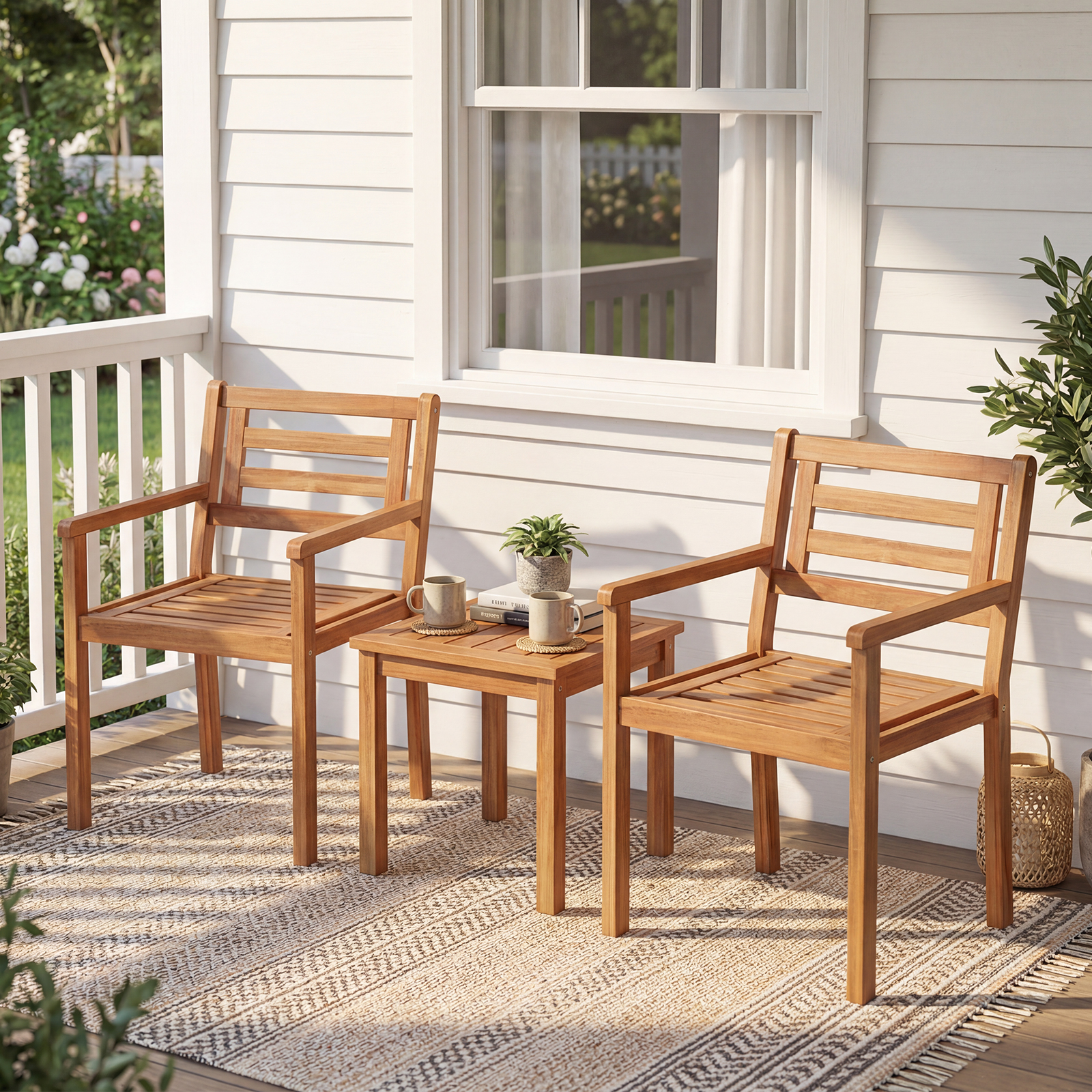 Gartenstühle Akazienholz 2er Set Holzstühle mit Rückenlehne & Armlehne Balkonstühle Blastbar bis 180 kg
