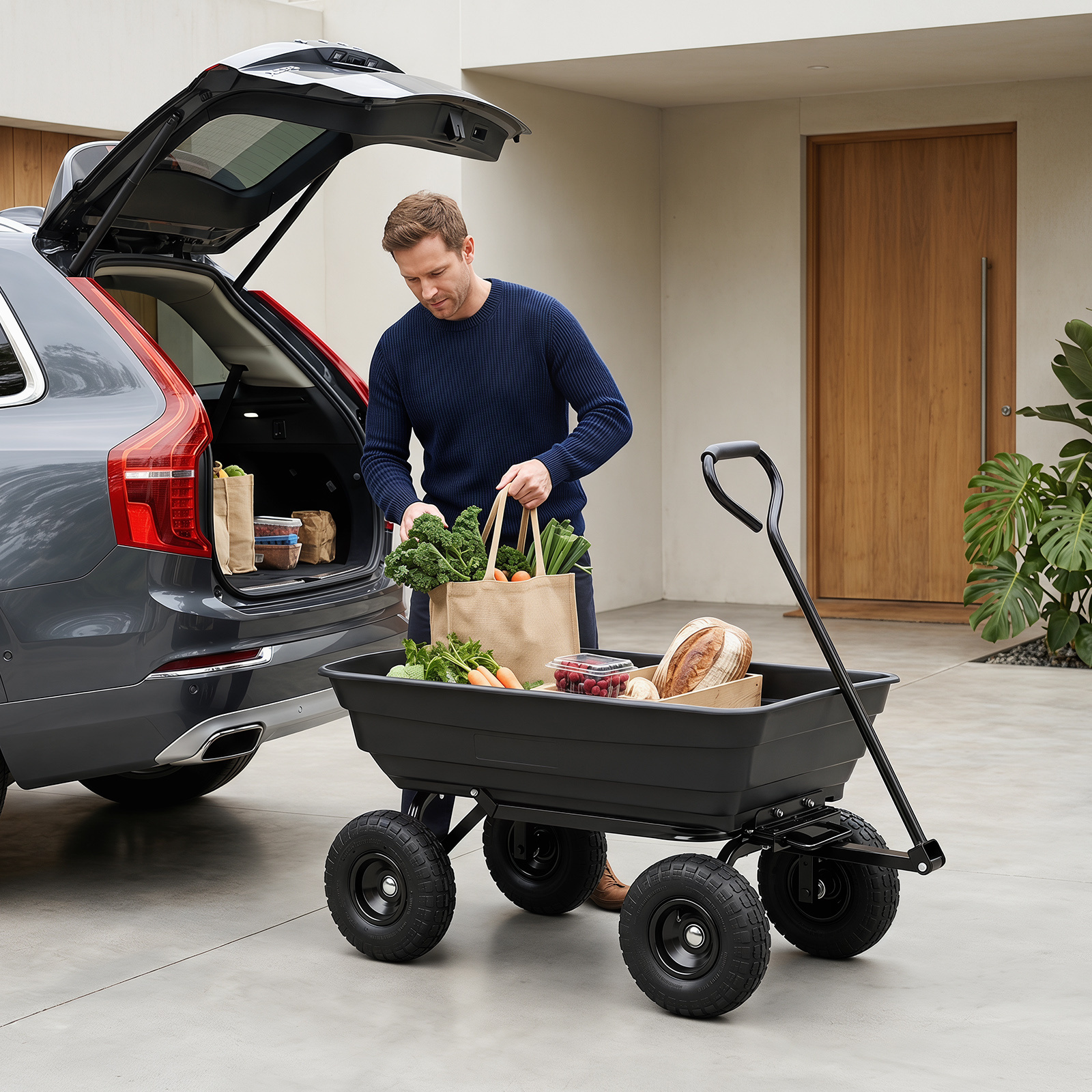 Gartenwagen mit Kippfunktion Transportwagen mit 75L Kunststoffwanne & Verstellbarer Schiebegriff