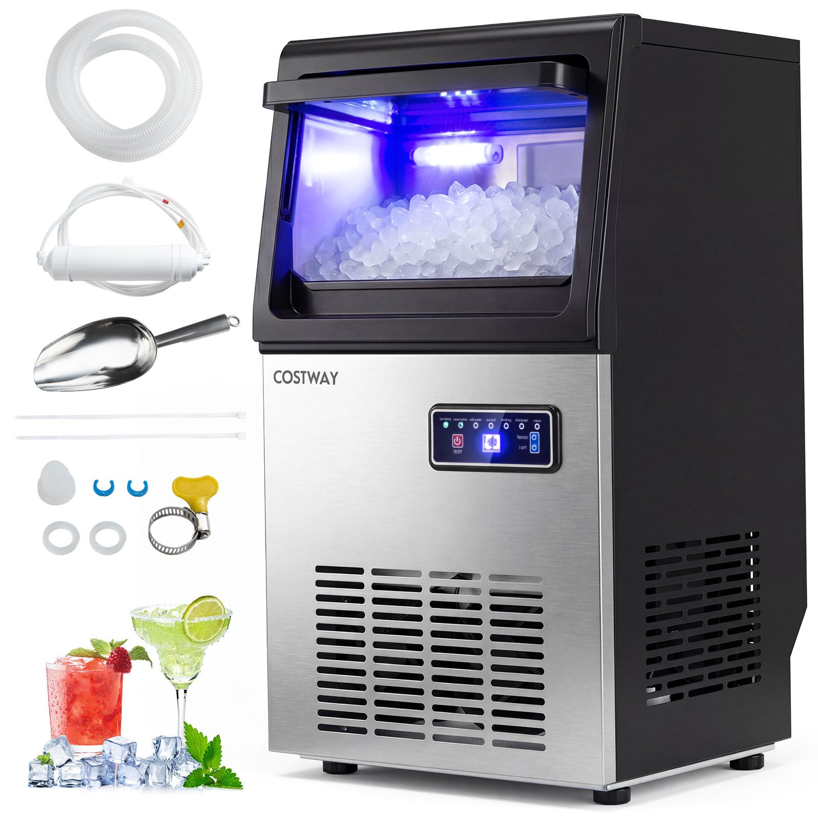 Gewerbliche Eiswürfelmaschine aus Edelstahl 41kg/24 Std. Freistehende Maschine mit Timer Schwarz + Silber