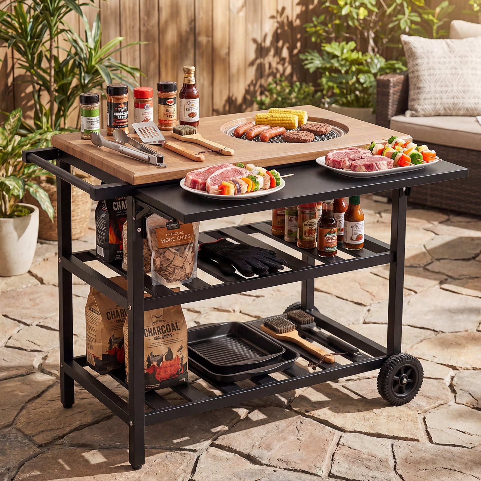 Grillwagen Outdoor Grilltisch auf Rollen Mobiler Pizzatisch mit Koreanischem Holzkohlegrill