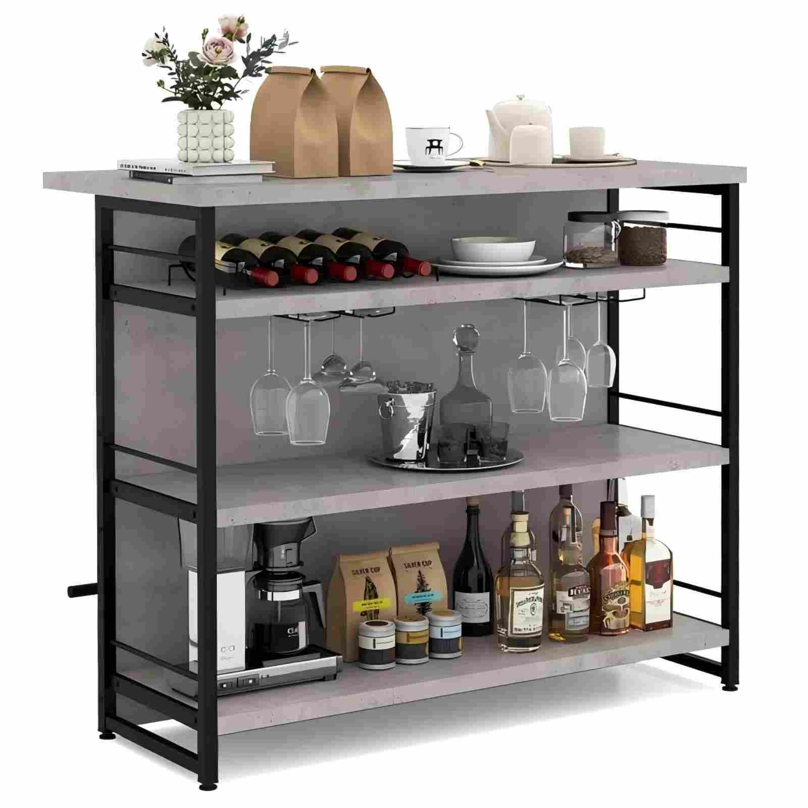 Hausbar Schrank mit 4 Offenen Ablagen & Weinregal & Gläserhalter Küchenregal Grau