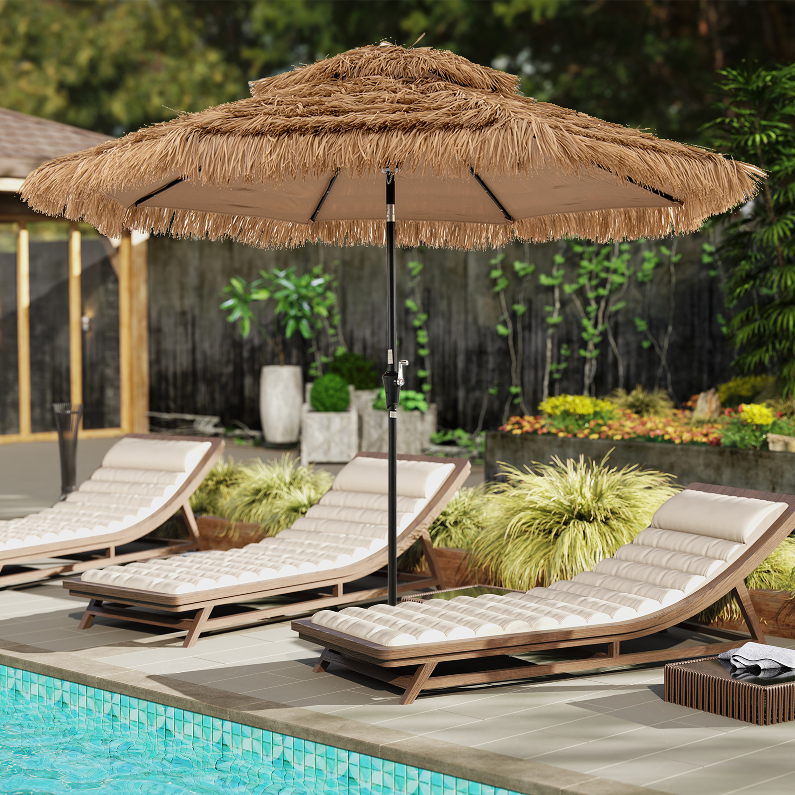 Hawaii Sonnenschirm 300 cm mit 32 LED Beleuchtung Reisstroh Strandschirm mit Neigungsfunktion