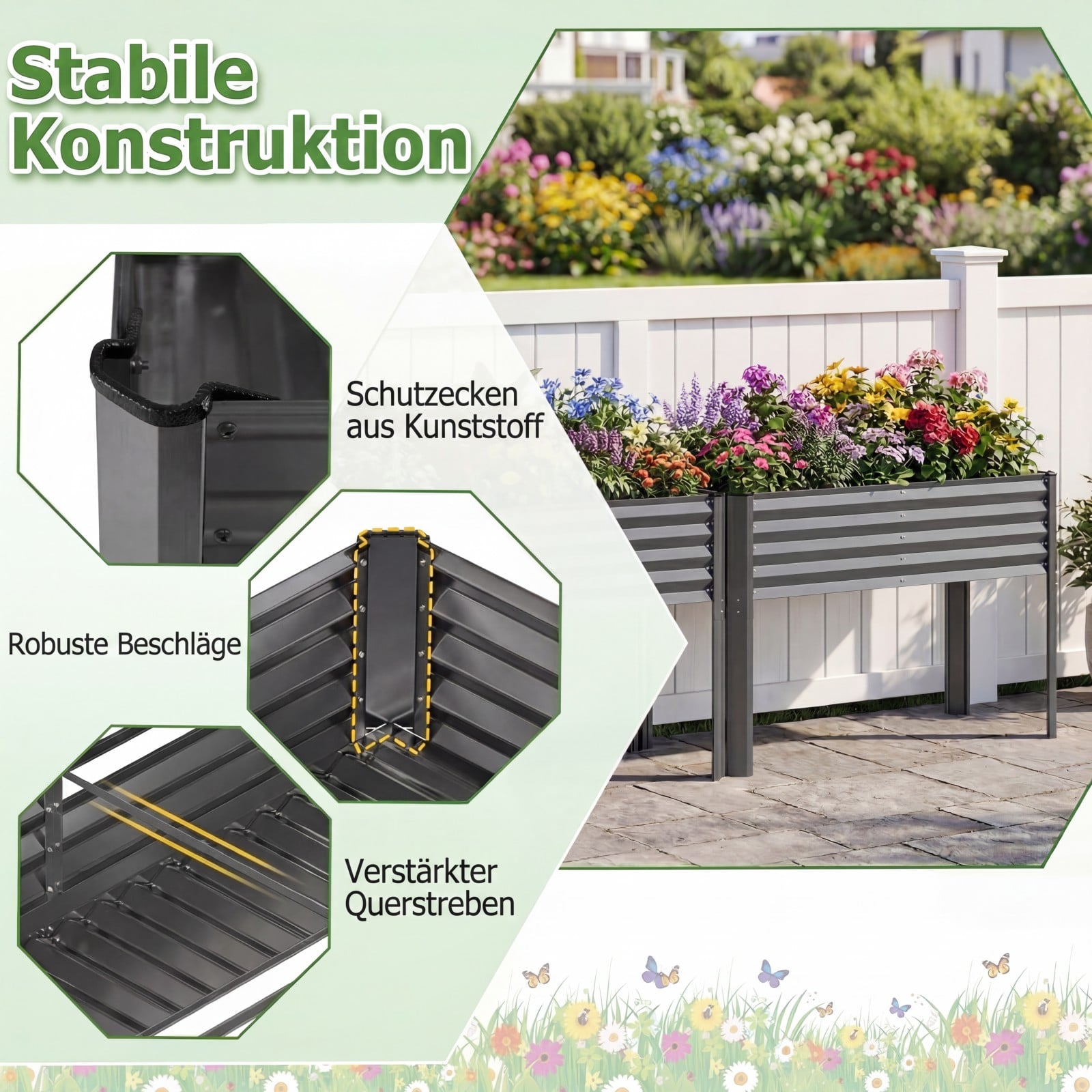Hochbeet Metall Pflanzkasten mit Beinen Erhöhtes Pflanzgefäß mit Abflusssystem Blumenkasten Grau