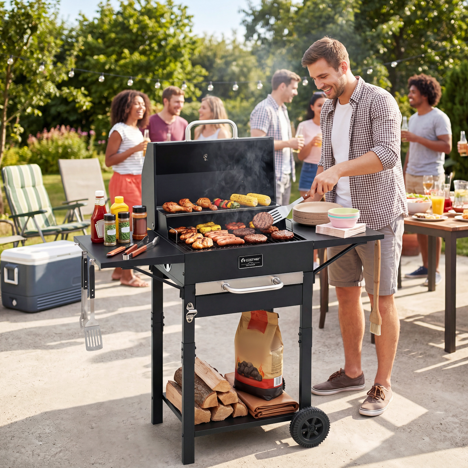 Holzkohlegrill Outdoor Grillwagen mit 2 Seitentischen Großer Räuchergrill mit Rollen