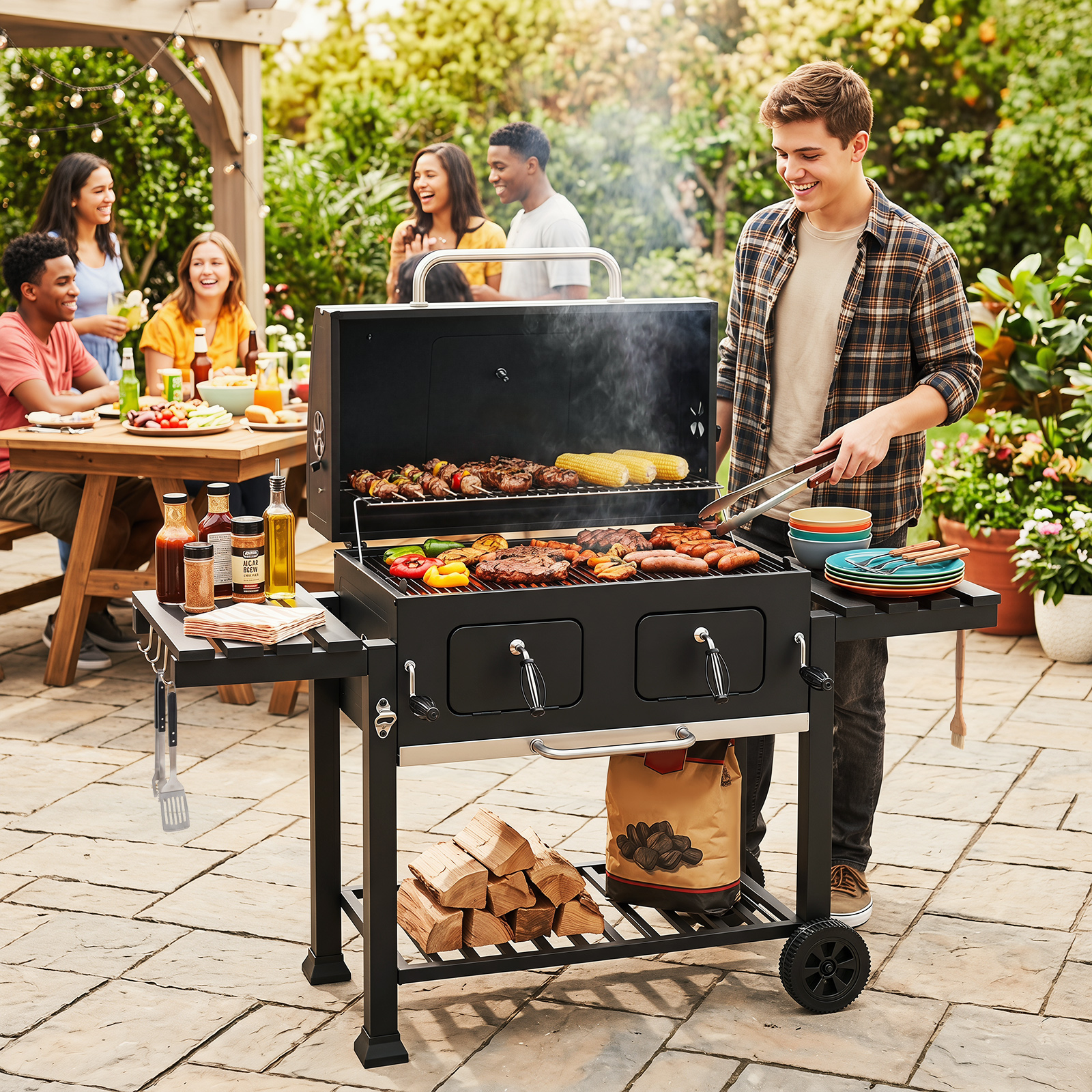 Holzkohlegrill mit Deckel Grillwagen mit Rädern & Abdeckhaube Kugelgrill mit Deckelthermometer