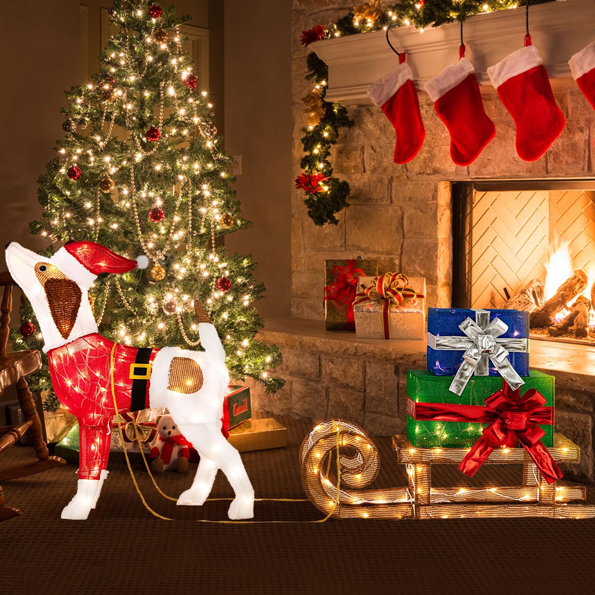 Hund mit Schlitten 80cm Glühendes Beagle-Figur Deko Beleuchtet Weihnachten für Innen & Außen