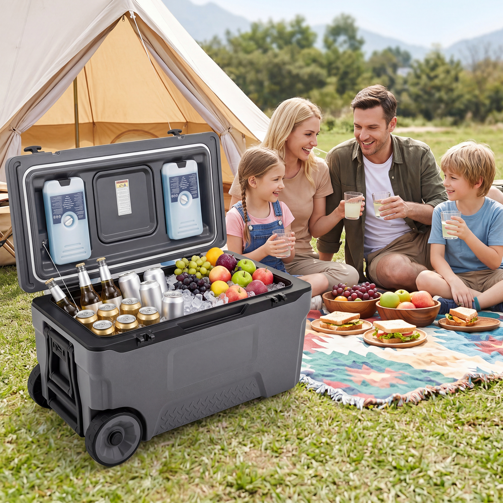 Kühlbox 70 L Große Thermobox aus Kunststoff mit Rollen & Griff Isolierbox mit Ablaufstopfen Grau