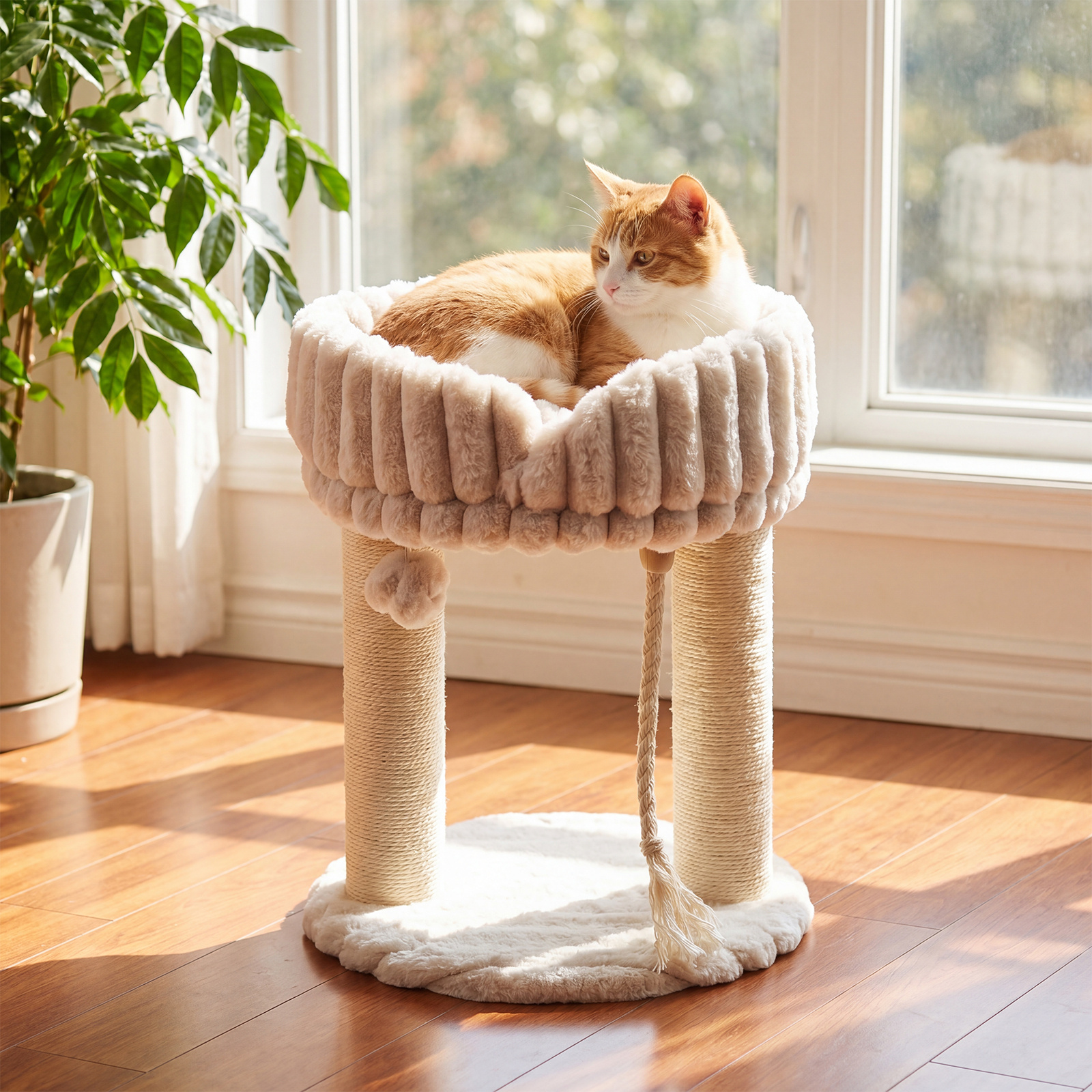 Katzenbaum Plüsch Kratzbaum mit Liegeplattform & Sisalstämmen Kletterturm 40 x 40 x 50,5 cm Beige